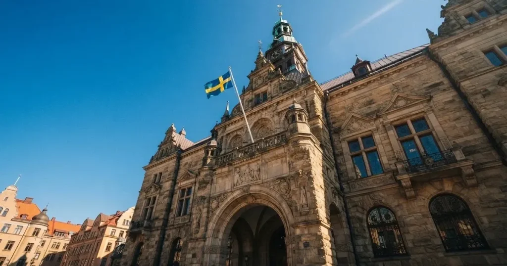 Ett gammalt stadshus i sten fotograferat underifrån mot en klarblå himmel, med den svenska flaggan som fladdrar ovanför entrén.