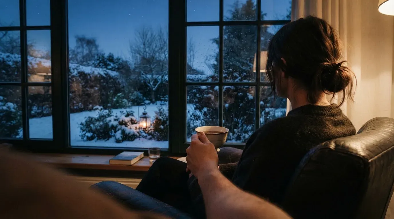 En person sitter ensam vid ett fönster i skymningen och håller en tekopp, med en rofylld vinterträdgård synlig utanför glaset.