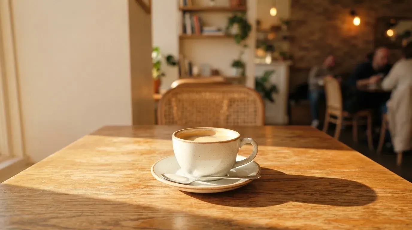 Kopp kaffe och en solstråle på ett tomt cafébord — casinon med jackpot i sverige