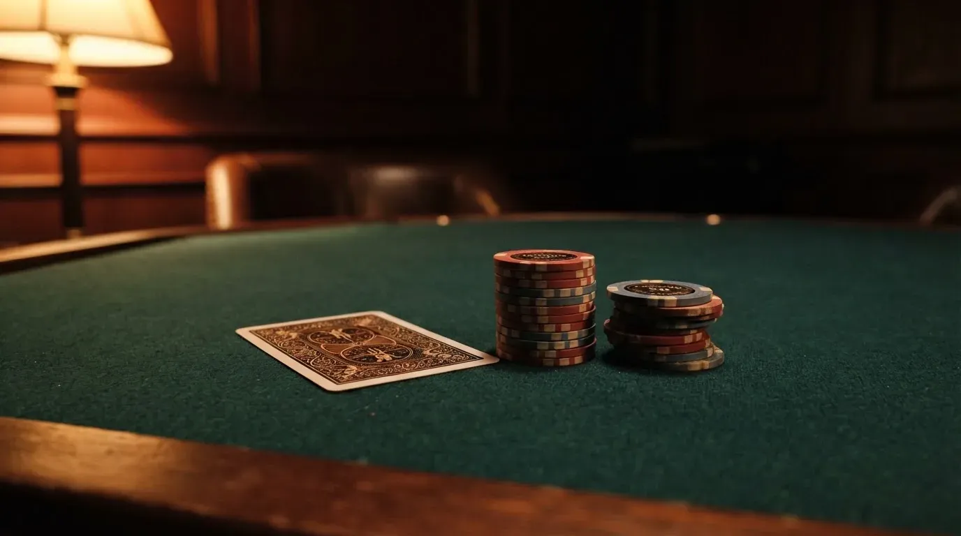 Kortlek och staplar av spelmarker på ett grönt filtbord i en dunkel salong, varmt lampsken — utländska casinon i sverige
