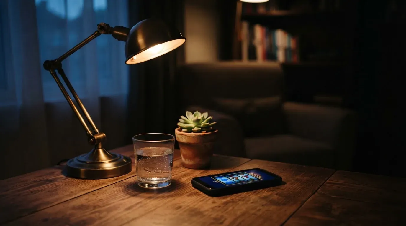 En skrivbordslampa lyser upp ett vattenglas och en kruka, rummet bakom mörknar sakta — utländska casinon i sverige