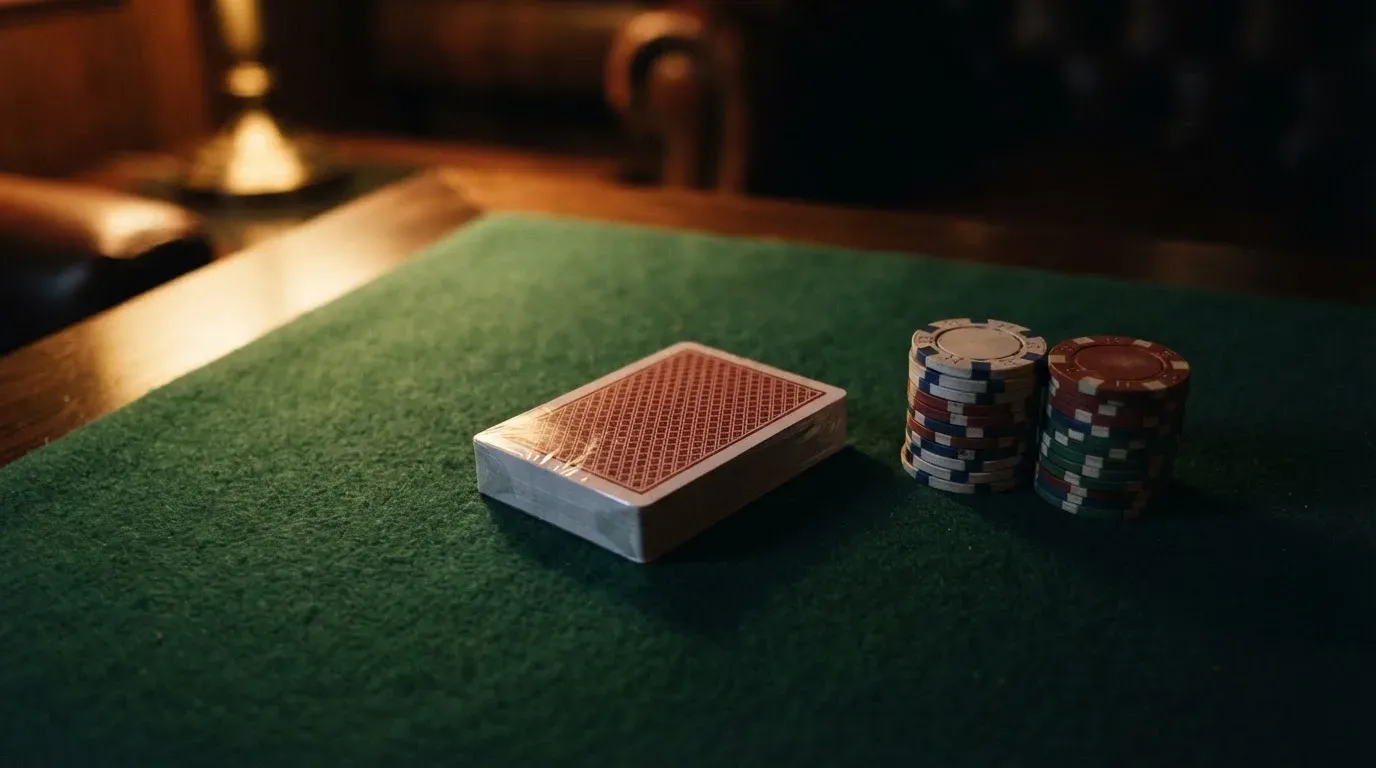 Kortlek och staplar av spelmarker på ett grönt filtbord i en dunkel salong, varmt lampsken — vinna på svenska casino